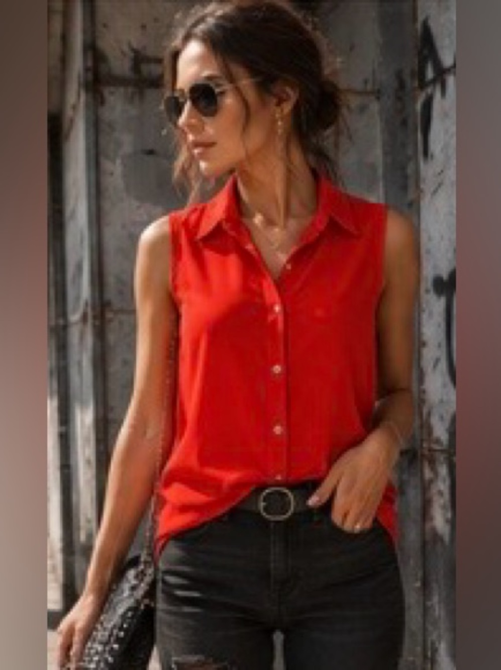 Rachel Zoe Sleeveless Button Front Blouse Red Collared Tunic Top Large NWT